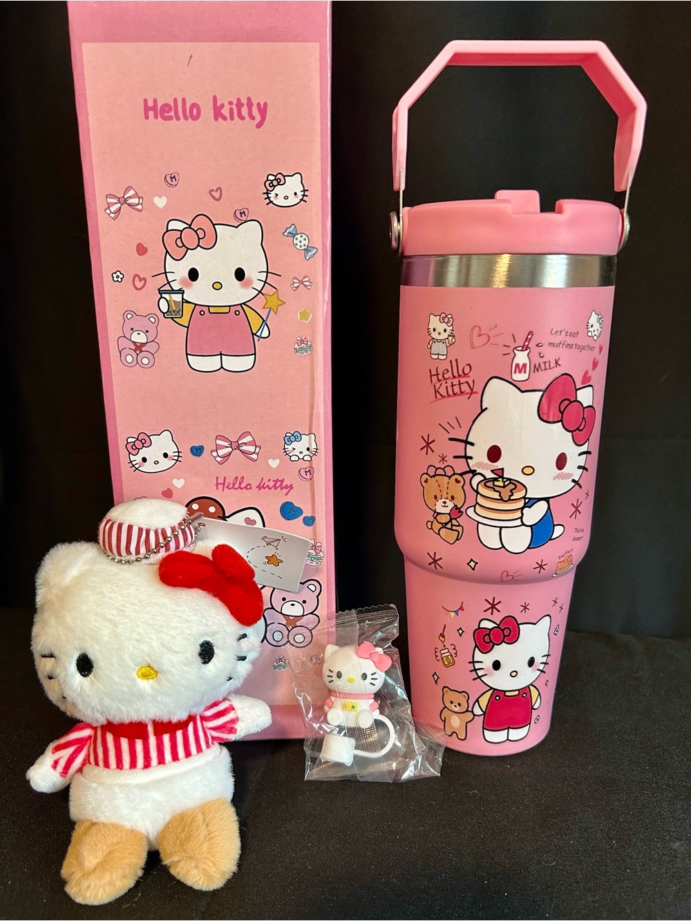 30oz Hello Kitty Pink Tumbler, plush keychain and straw topper